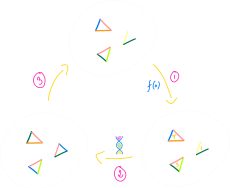 遗传算法概述；从顶部开始顺时针方向：(1) 使用适应度函数估计当前解决方案，(2) 执行交叉和突变，(3) 在新的、改进的种群上重新开始整个过程